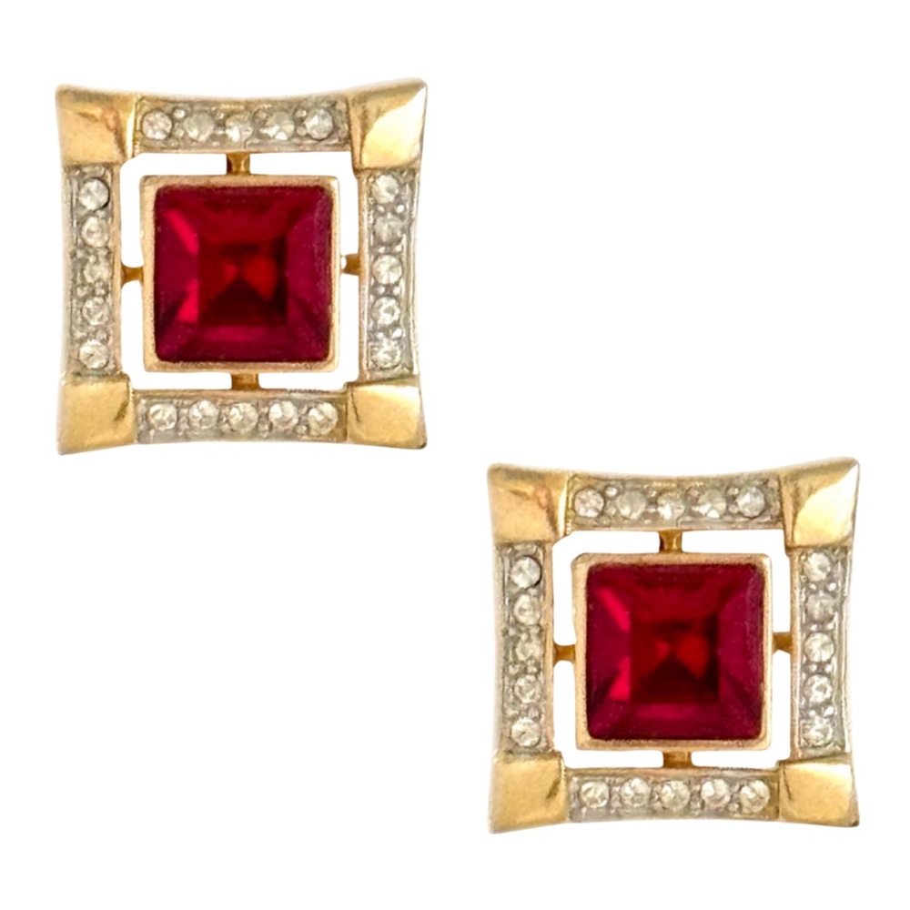 VINTAGE • Piscitelli Red Clip On Crystal Rhinestone Earrings